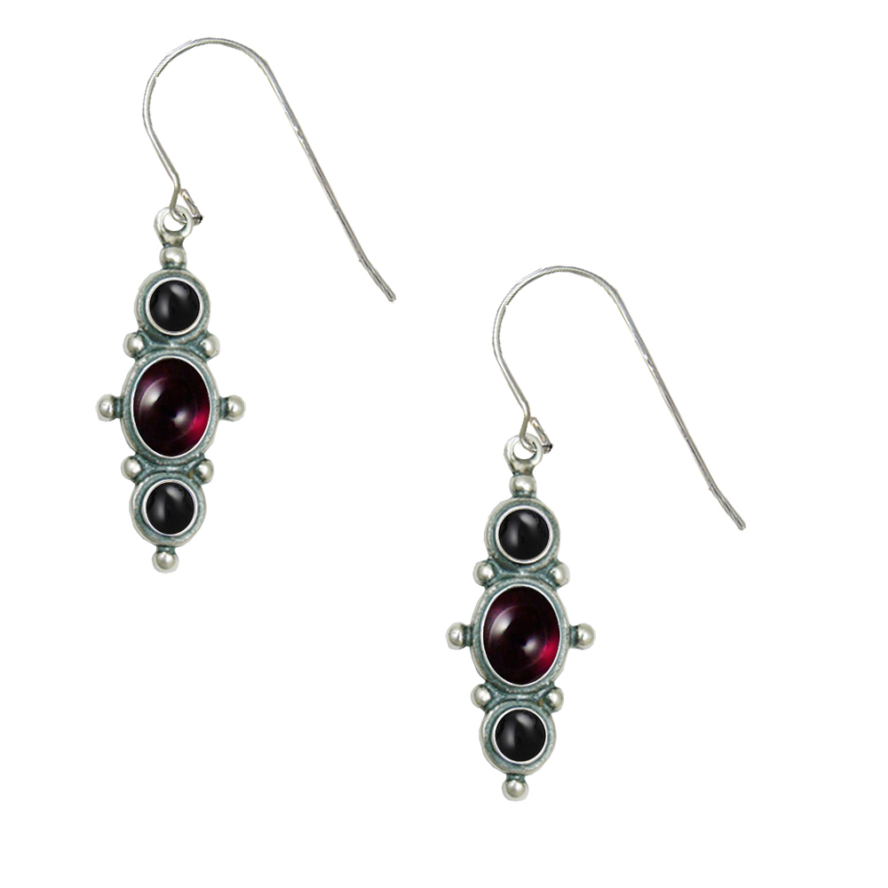 Sterling Silver Drop Dangle Earrings With Garnet And Black Onyx